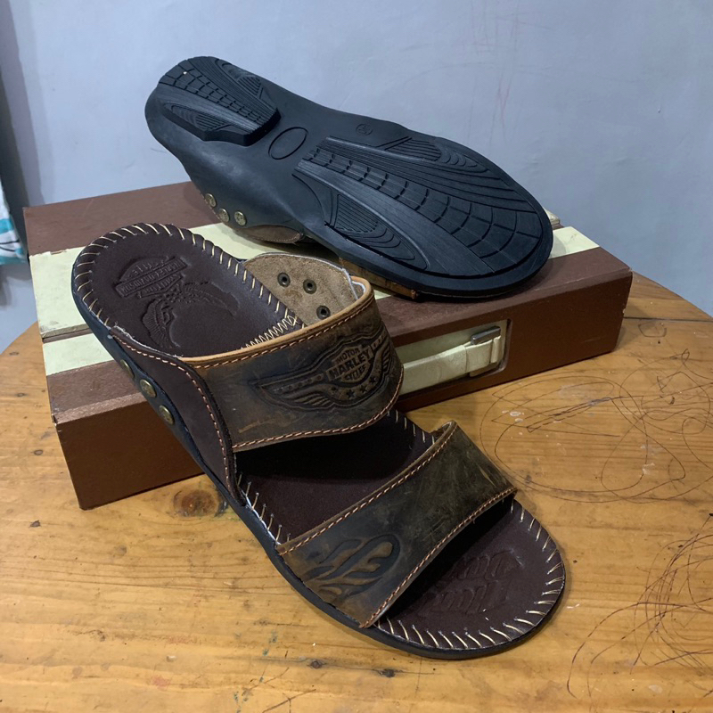 Sandal japit pria bahan kulit sapi asli model ban dua h2