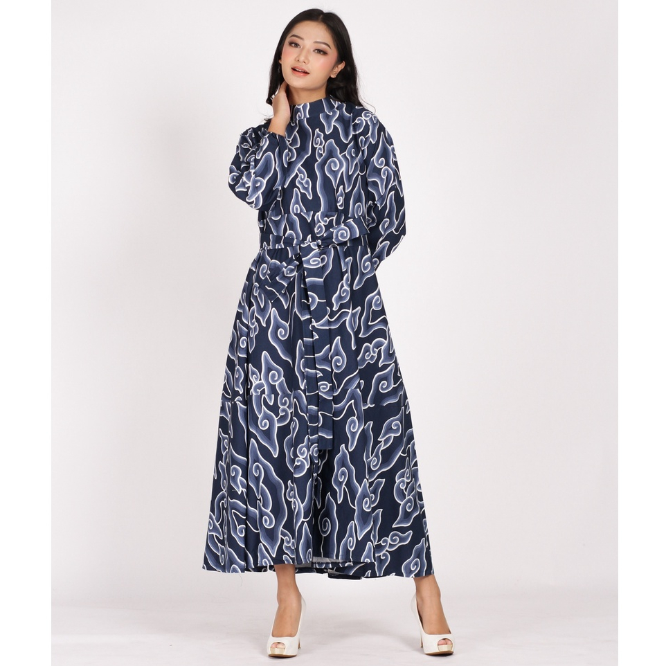 BATIK TRUSMI Dress Batik Wanita Gamis Batik Motif Mega Mendung Biru CRD Yunia