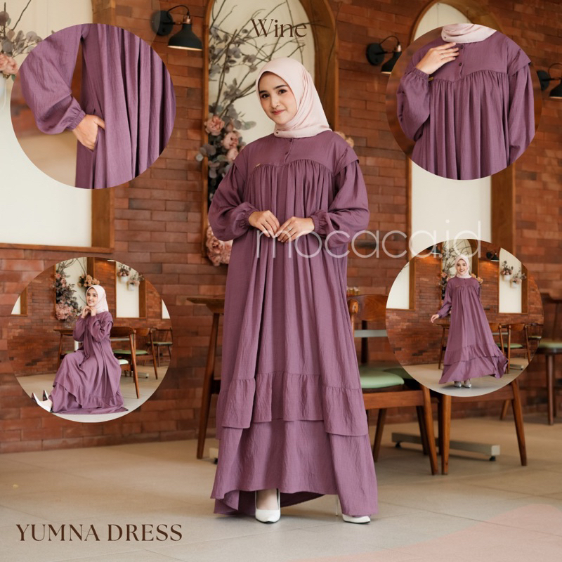 Gamis Lebaran Yumna Dress dari bahan Polo linen kancing busui friendly ada variasi remple di pundak dan rok saku lengan karet - wine ungu anggur