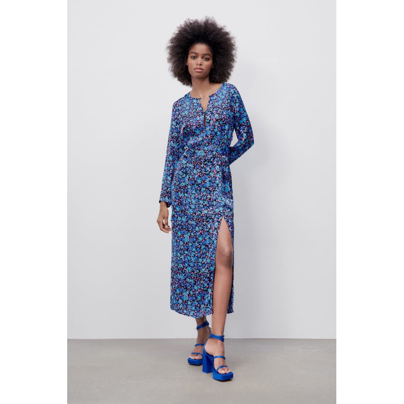 zara satin long dress motif bunga  S