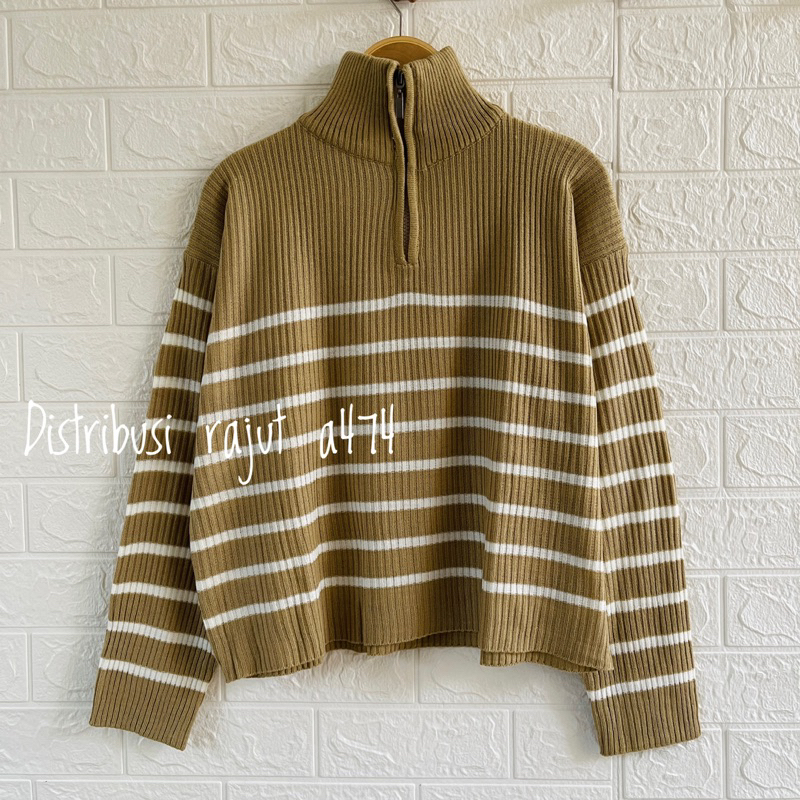 KIMY SWEATER RAJUT ZIPPER STRIPE MOTIF BLASTER ATASAN LENGAN PANJANG WANITA