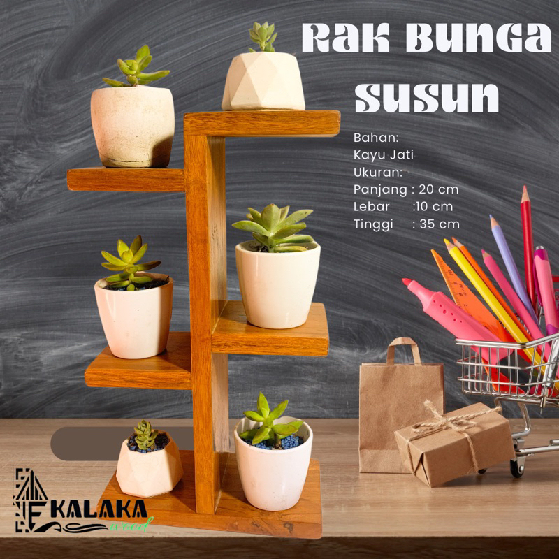rak bunga minimalis | rak hias susun kayu jati