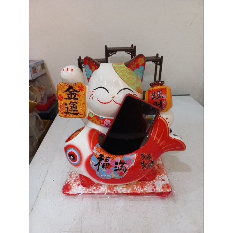 Manekineko Container Ceramic / Kucing Hoki Keramik Besar / Pajangan Kucing Hoki / Manekoneki Jepang