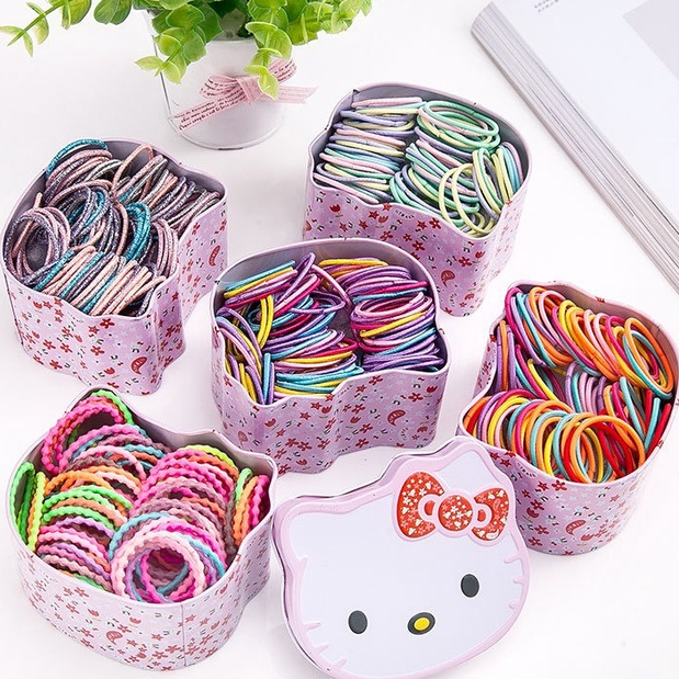 3SP | AC111 Ikat Rambut Anak Isi 100 Free Kaleng Kartun Lucu Aksesoris Karet Rambut Anak