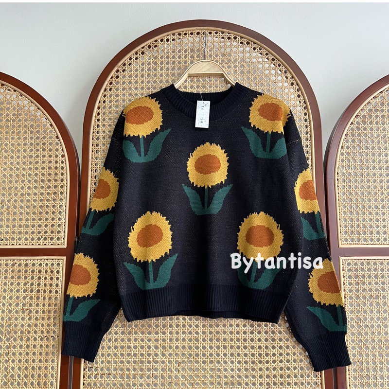 SWEATER RAJUT MOTIF SUNFLOWERS IMPORT KNIT