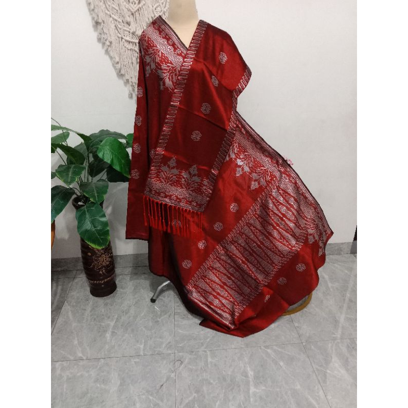 songket silungkang warna maroon silver