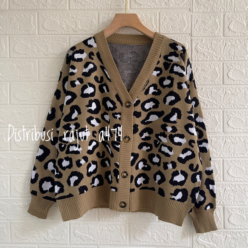 Jihyo Leopard CardiganOversized Cardi Rajut | Import Premium Quality | Motif Macan Korean Style Sweater