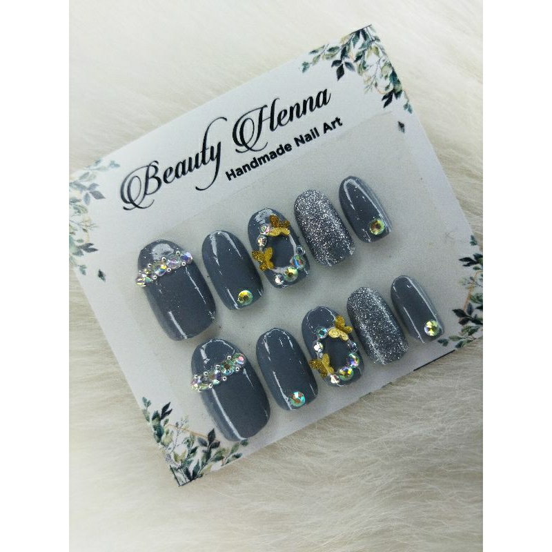 NAIL ART HANDMADE SILVER 10 PCS FRE LEM JELL.hiasan estetik butterfly