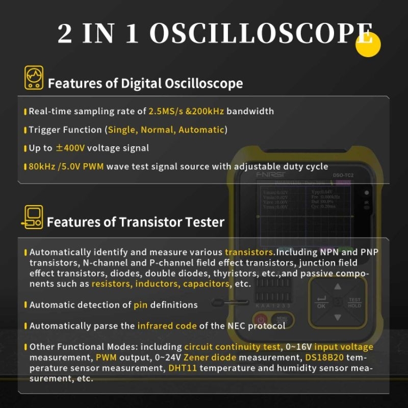 FNIRSI 2in1 Transistor Tester &amp; Digital Oscilloscope Handheld - DSO-TC2