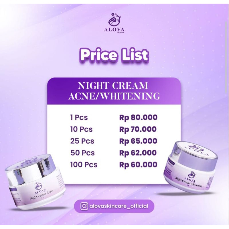 Night Cream Whitening & ACNE Alova Skincare BPOM