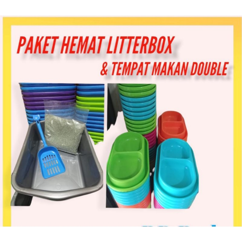 PAKET HEMAT Bak+pasir+sekop Gratis Tempat Makan/perlengkapan Toilet Kucing