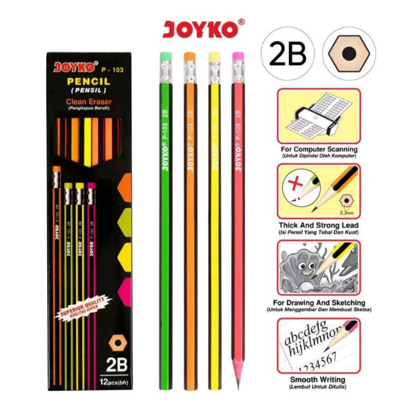 Pensil Kayu Hitam Hapusan 2B HB Joyko Hexagonal Warna Warni Neon P 6151 P 103 1 pak isi 12 pensil