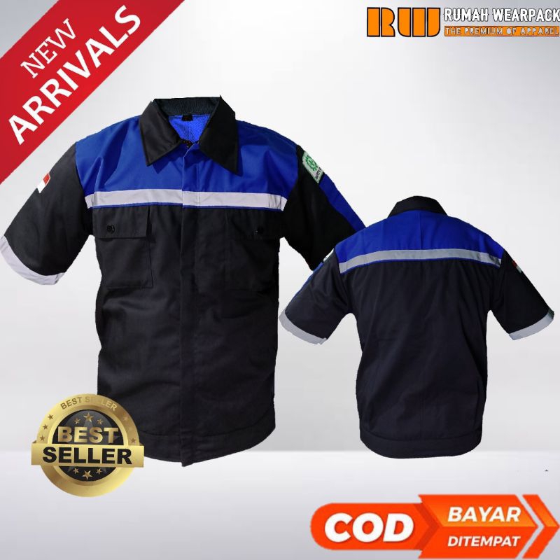 Wearpack Kerja/ Baju Proyek Lengan Pendek Warna Hitam Kombinasi Biru Benhur