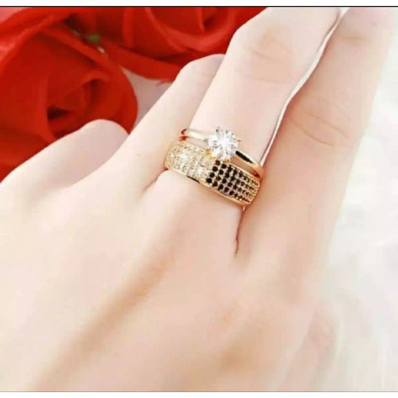 CINCIN wanita titanium motip permata satu berlapis emas 24 k anti alergi