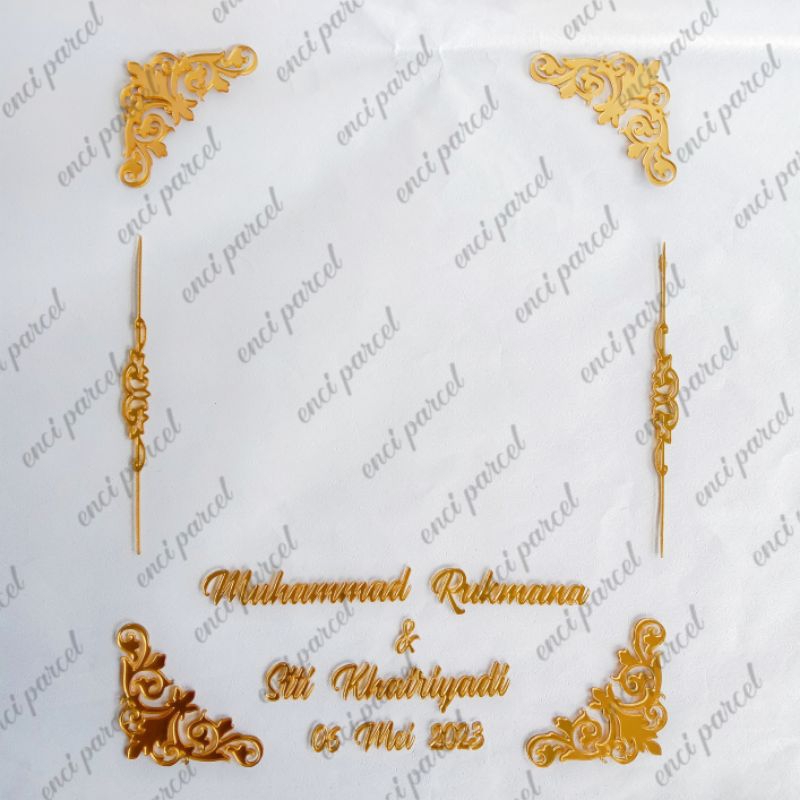 1set akrilik sudut garis ornamen nama tanggal pernikahan dekorasi hiasan mahar bahan akrilik gold silver hitam putih triplek MDF