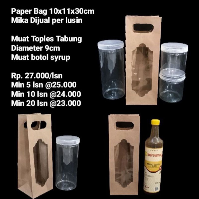 

Paper Bag 10x11x30cm Mika Cocok utk Botol Syrup atau Toples Tabung Dijual per lusin