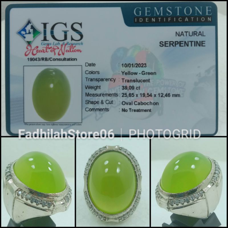 NATURAL GREEN SERPENTINE OVAL CRYSTAL BIG SIZE + MEMO LAB