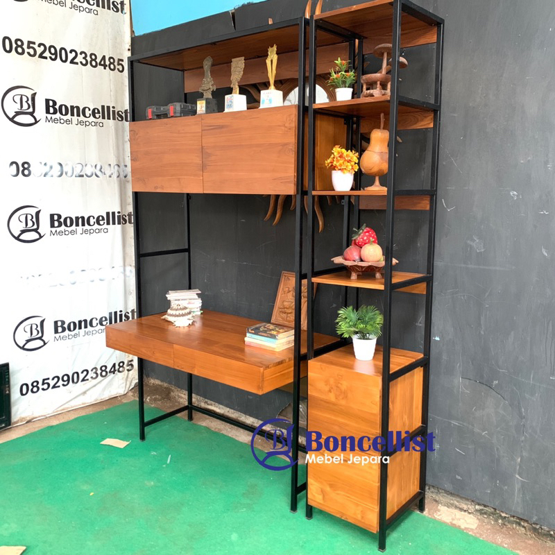 lemari buku mix meja kerja/meja belajar kayu jati mebel jepara