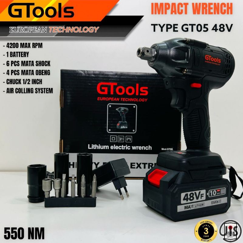 Mesin bor pembuka baut Impact wrench Gtools GT05  48S 1batrei 48v 550Nm bor pembuka baut cordless Brushless mantap terlaris