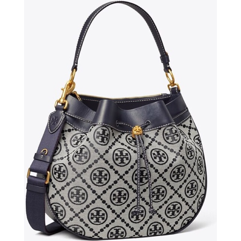 Tory Burch T Monogram Drawstring Shoulder Bag Navy