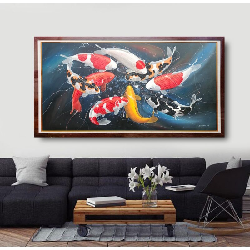Lukisan kanvas ikan koi abstrak modern rare + frame siap pajng