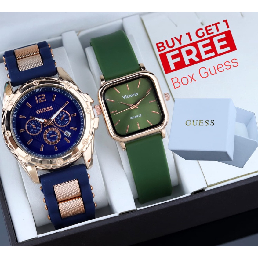 Jam Tangan Guess Buy 1 Get 1 Vittorio Strap Rubber Free Box Guess