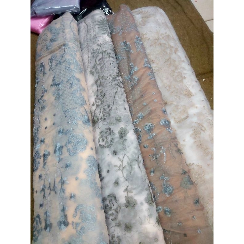 Kain Organza Etnik / Organza Sutra Motif Bordir / Organza Bordir / Bahan Organza Super Halus Bordiran Padat