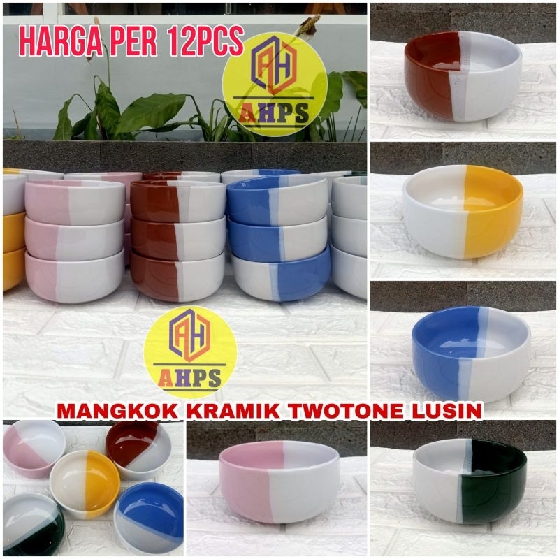 MANGKOK KERAMIK 2 WARNA TWO TONE  1 LUSIN /MANGKUK BASO KAIBON
