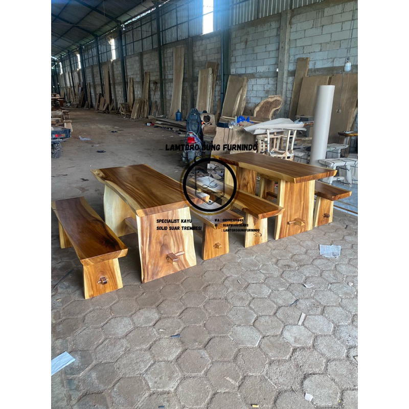 Meja makan solid kayu trembesi dua bangku panjang 150cm