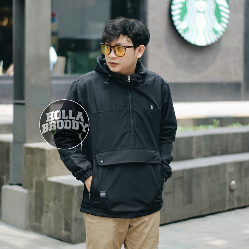 Black - Holla Broddy Jaket Cougle Premium Quality Jaket Parasut Pria Jaket Outdoor