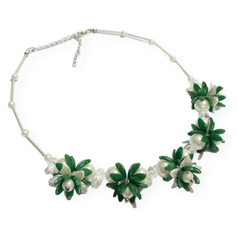 Cassandra Flowery Pearl Crystal Necklace Kalung Hijab Panjang Bunga Mutiara Motif Marmer Marble