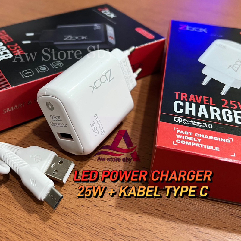 Z-BOX340 SMART ADAPTER CHARGER 25W + KABEL TYPE C ADAPTOR LED QC3.0 25 WATT FAST CHARGING 3.1A