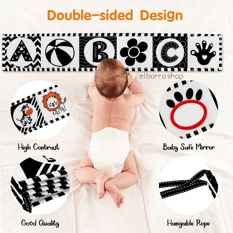 Mainan Edukasi Sensori Buku Kain Panjang Mirror Gantung Hitam Putih Kontras Boks Tempat Tidur Bayi Crib Bumper Cloth Soft Book Black White High Contrast Montessori Softbook Tummy Time Baby Folding Book Buku Bantal Lipat Cermin Kado Bayi
