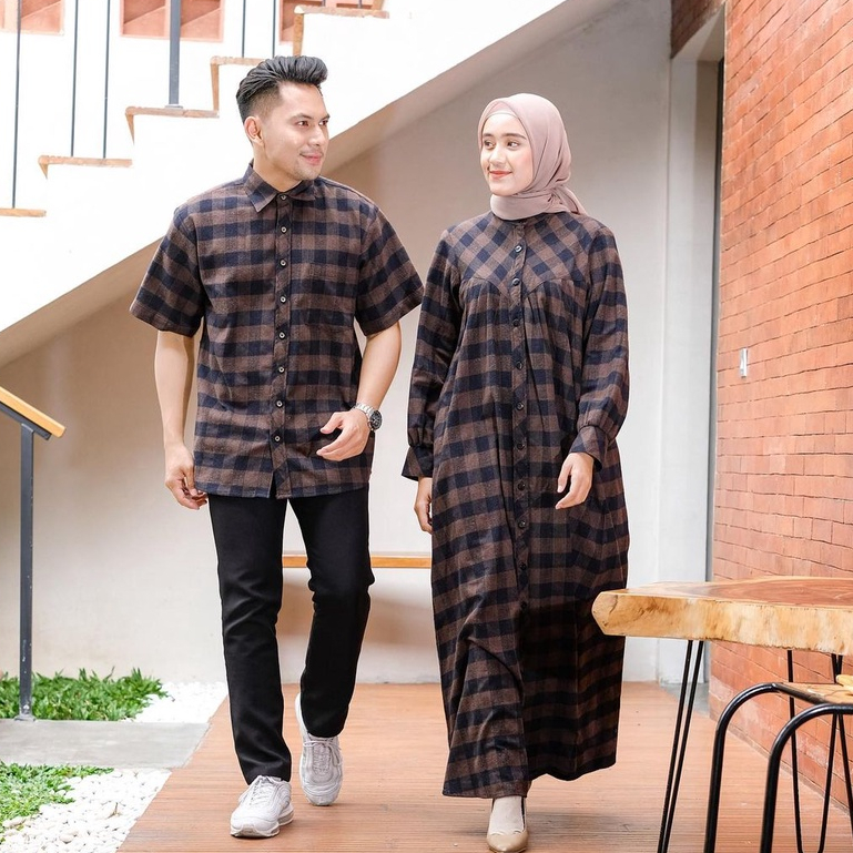 NALA COUPLE - Couple Set Dress Wanita Kemeja Pria Bahan Flanel PREMIUM // Setelan Gamis Kemeja Flane