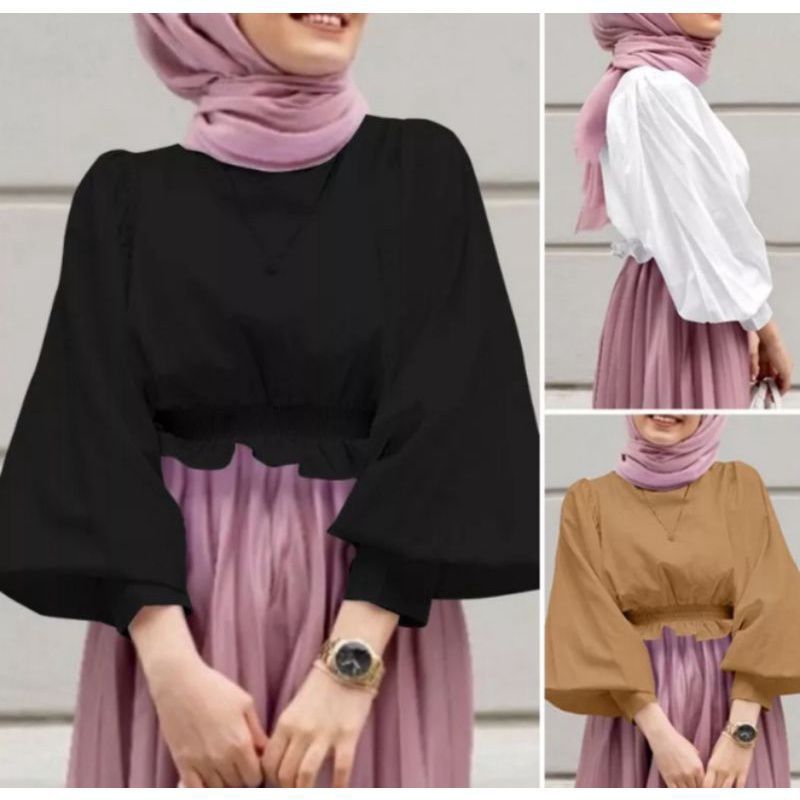 Hanifah Blouse Polos Baju Atasan Wanita Kekinian 2025 Viral Lengan Panjang Crop Top hijab muslim ter