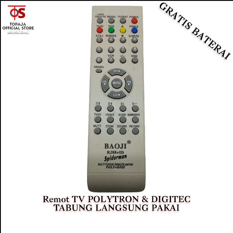 Remot Universal TV TABUNG POLYTRON - TV DIGITEC Langsung Pakai Tanpa Program RJ88+ID Baoji Remote