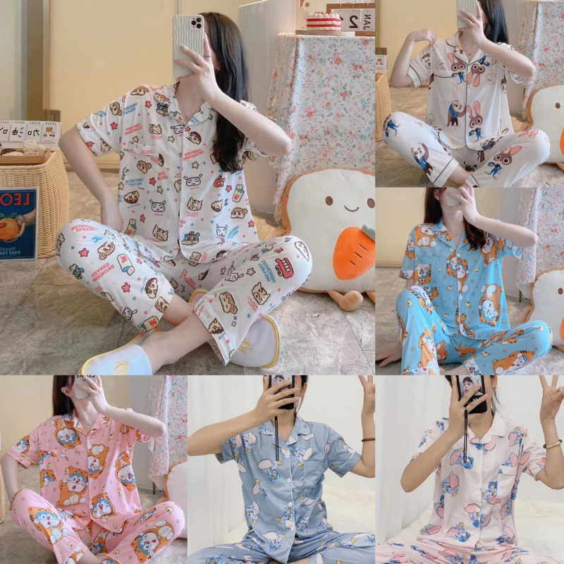 NEW!!! Ready Stock Baju Tidur Piyama Set Kemeja Celana Panjang Baju Lengan Pendek / Piyama Import / Premium Quality / Baju Tidur Import / Baju Tidur Murah / Piyama Set / Baju Per Set Tidur