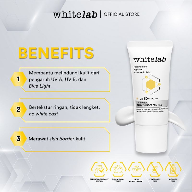 WHITELAB UV Shield Tank Sunscreen Gel SPF 50++ PA++++ 30gr BPOM Tabir Surya, Pelindung Wajah