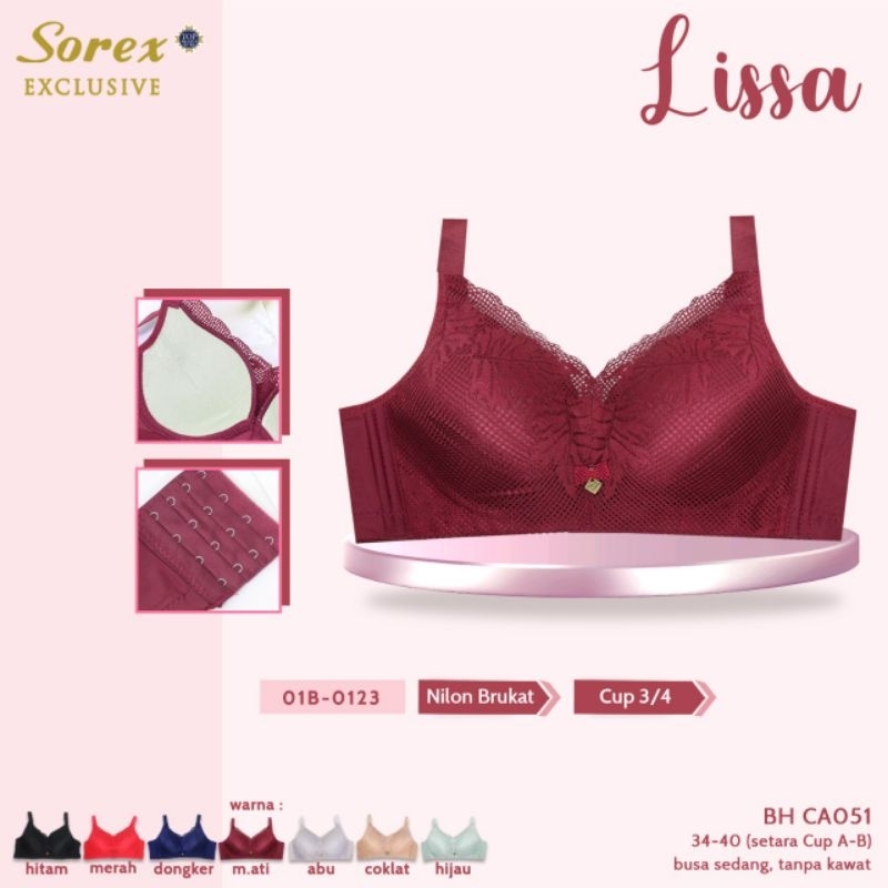 Bra Sorex CA 051 Lissa renda premium cup A-B besar, tanpa kawat, busa 34-40