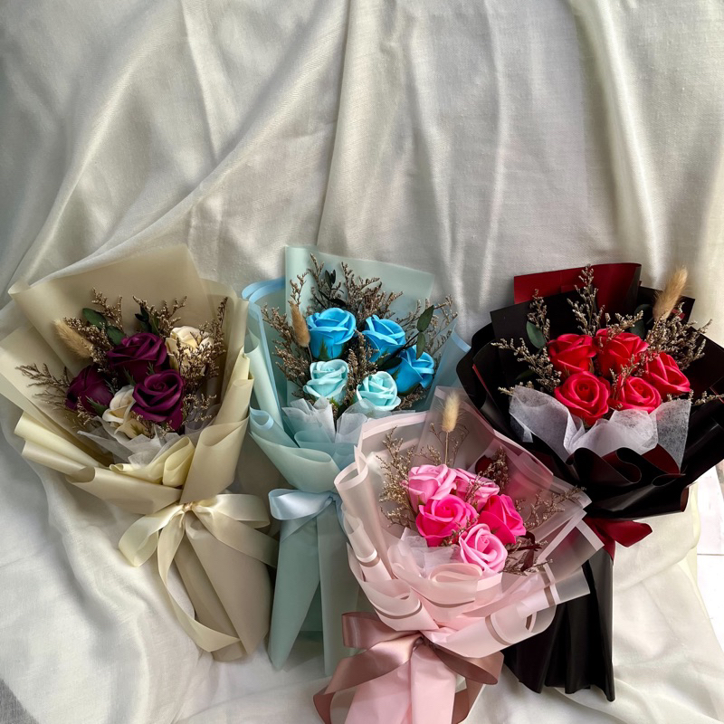 Bouquet Bunga Mawar Sabun 5pcs Kuntum (Ukuran Besar) / Bucket Rose Soap untuk Hadiah Wisuda & Kado V
