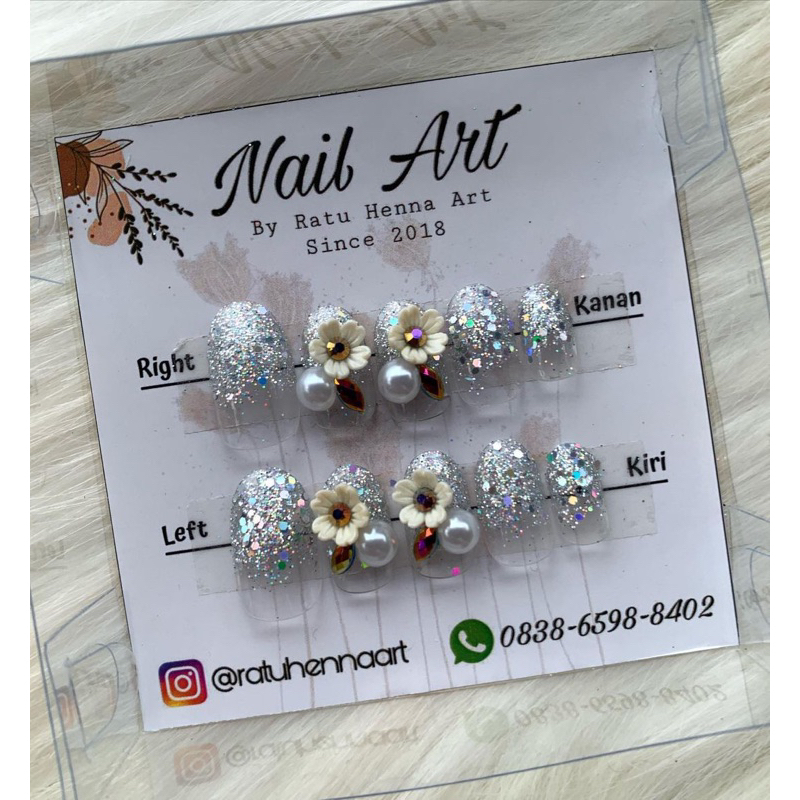 Kuku palsu glitter silver untuk pengantin