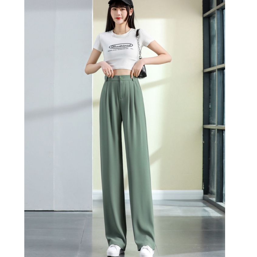 Hijau highwaist loose Kasual Celana Setelan Wanita kekinian (realpict)