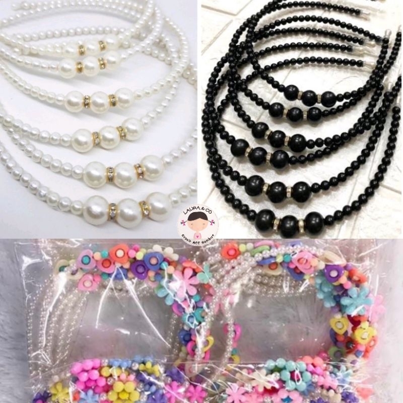 Bando Mutiara Korea 6pc Putih Hitam Warna Import Grosir