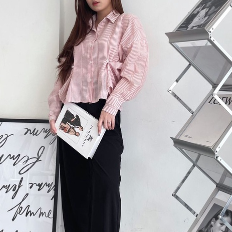 Jolie Shirt Crinkle Katun Import - Kemeja Oversize Jumbo Wanita - Striped Shirt Rakku 281