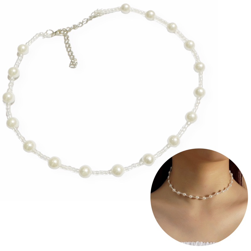 Bethany Korean Pearl Choker Glass Beads Necklace Kalung Mutiara Manik Glossy Gaya Korea Style
