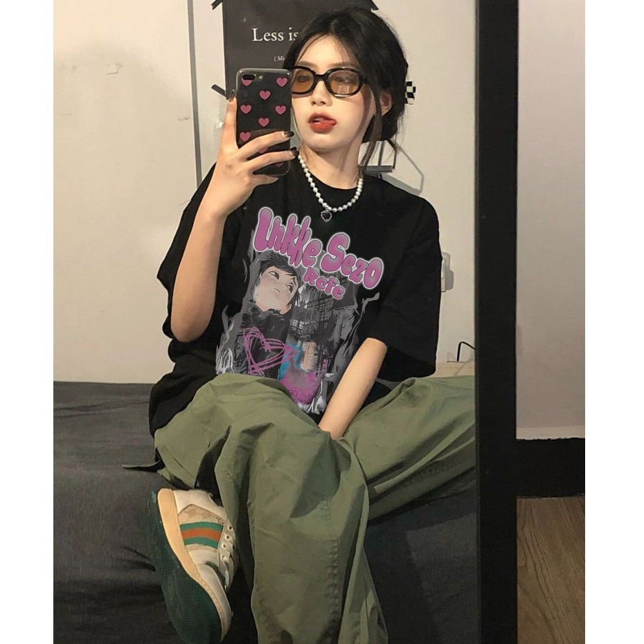 american retro baju kaos wanita lengan pendek cartoon graphic print import oversize kekinian kaos hitam