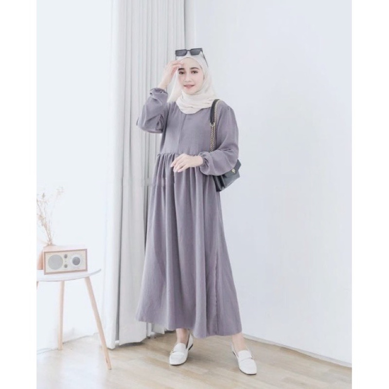 Bavina Midi Dress Pakaian Wanita Bahan Crinkle