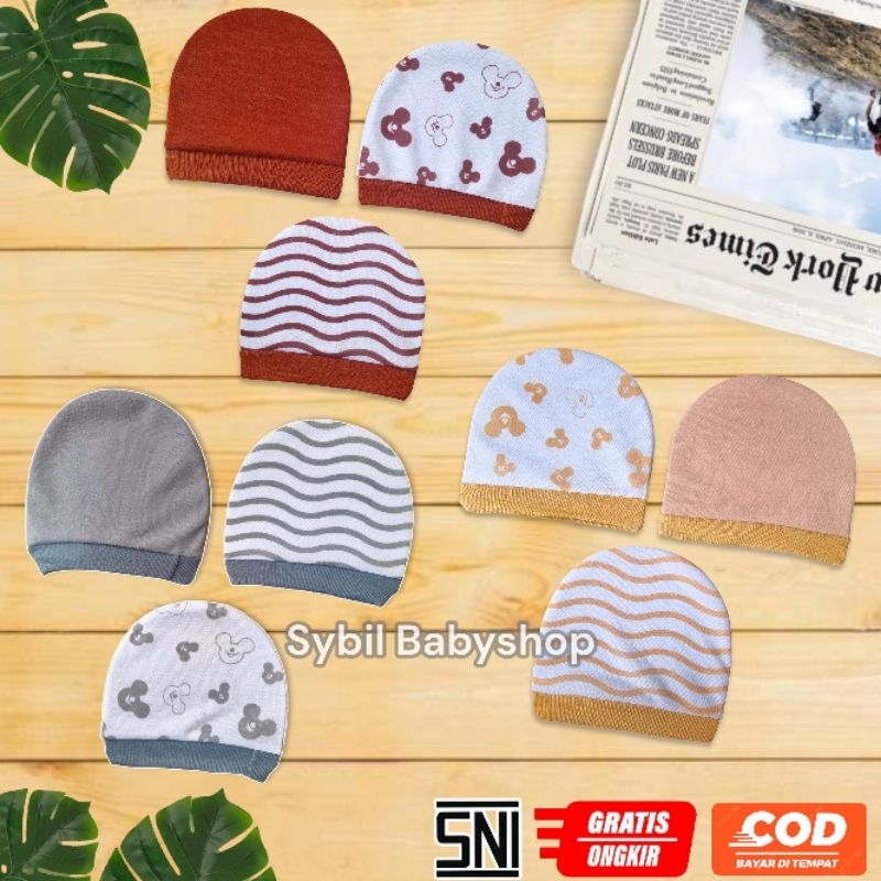 Topi Kupluk Bayi 0-12 bulan | Topi Bayi Motif Print Murah Grey, Coksu, Pink, Bata Series