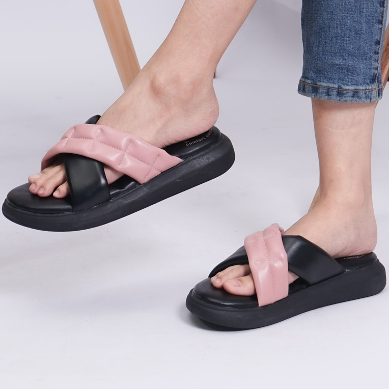 SARASARA YUK - NONNA Sandal Wanita Wedges Silang Tinggi 3cm Size 36 - 40 Casual Sendal Cewek Platform 37 38 39 untuk Jalan Pergi Santai Slop Warna Black Hitam Putih White Selop Premium Original Sara Sara Kekinian Terbaru Shoes ORI Mall Official Store