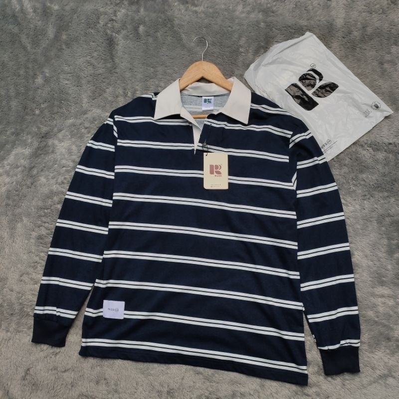 RUSS RUGBY SHIRT STRIPED NAVY BNIP